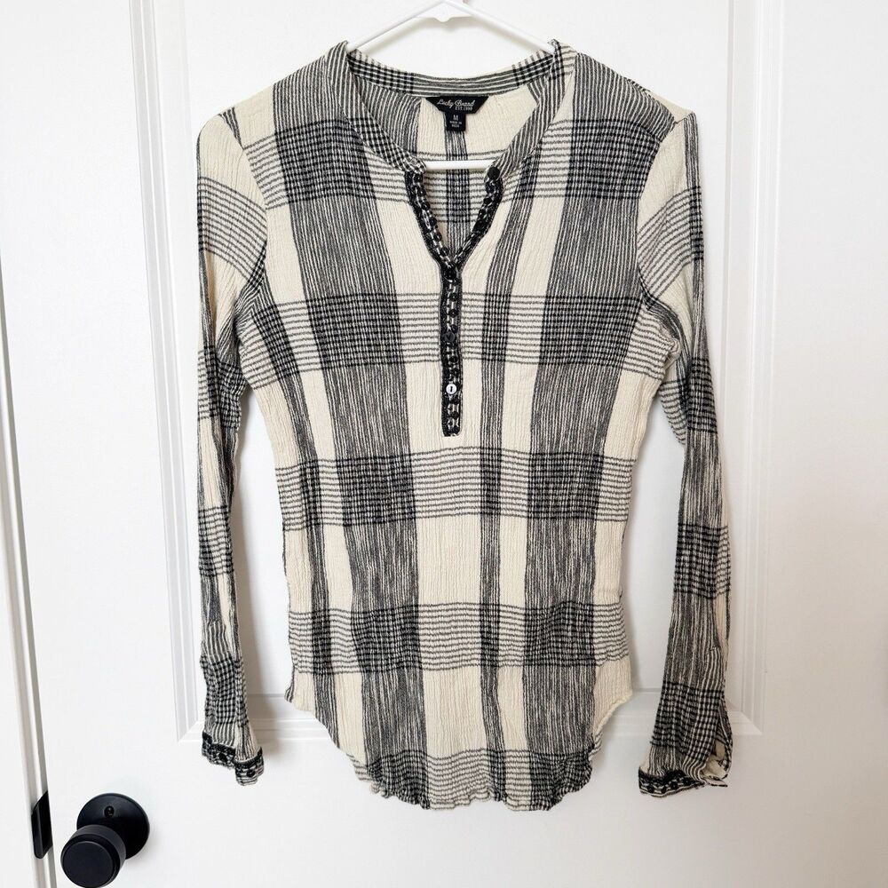 Lucky Brand Womens Y2K Button Long Sleeve Henley Top Medium Plaid Grunge‎